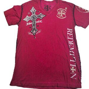 Raw State Embellished V-Neck Red Graphic Cross Wing Tee Mens Medium